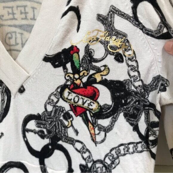 Ed Hardy RARE Vintage Y2K Hoodie Handcuffs Tattoo Crystal Knit Top Sweater L - Picture 7 of 16